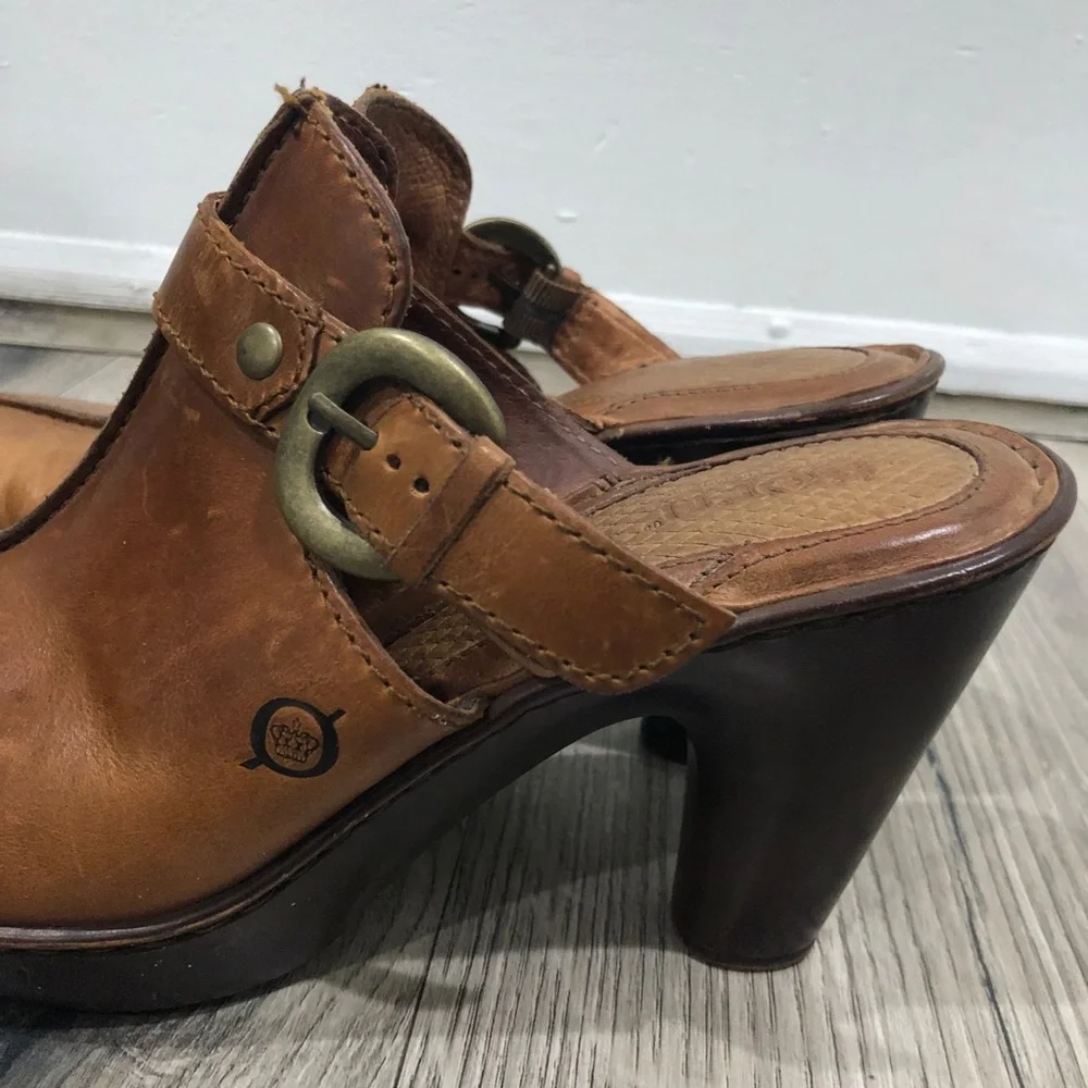 Born Leather Mules Clogs Heels with Buckle Leather Brown 8 - Picture 9 of 10